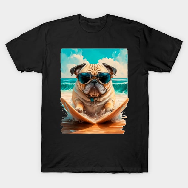 Pug on the beach Surf T-Shirt by Arassa Army